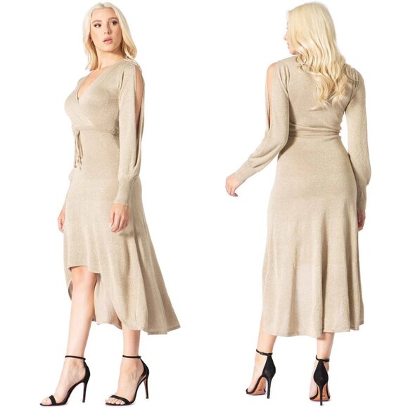 Vertigo, Surplice Neck Cold Shoulder Hi Lo Hem Dress, Gold Metallic, Sz M - Picture 2 of 14